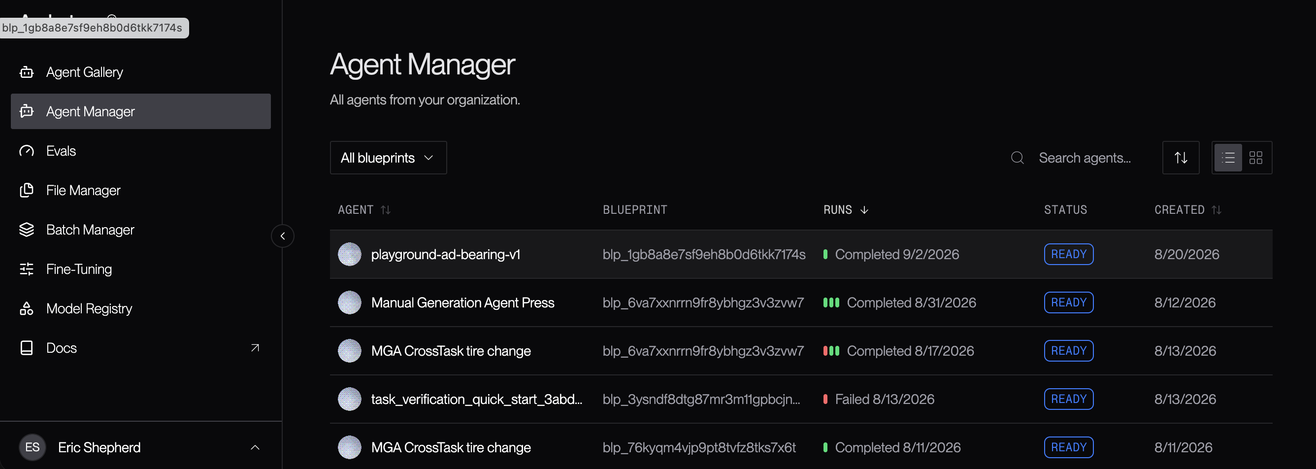 The Agent Manager list view