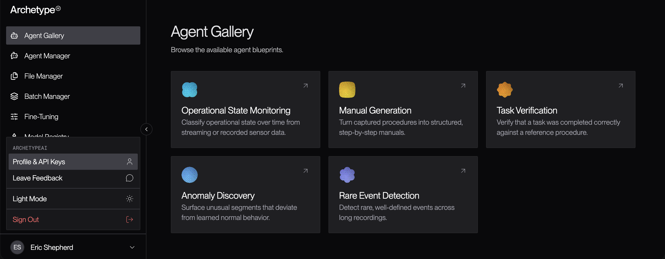 User menu with Profile & API Keys option
highlighted