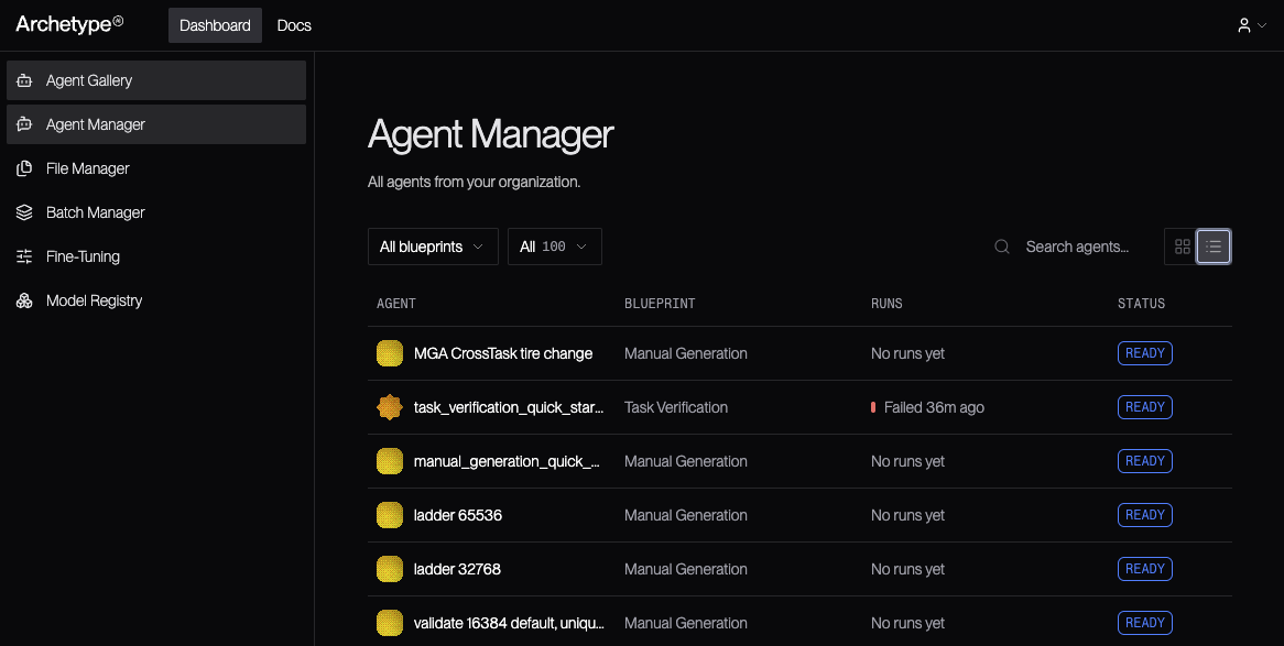 The Agent Manager list view