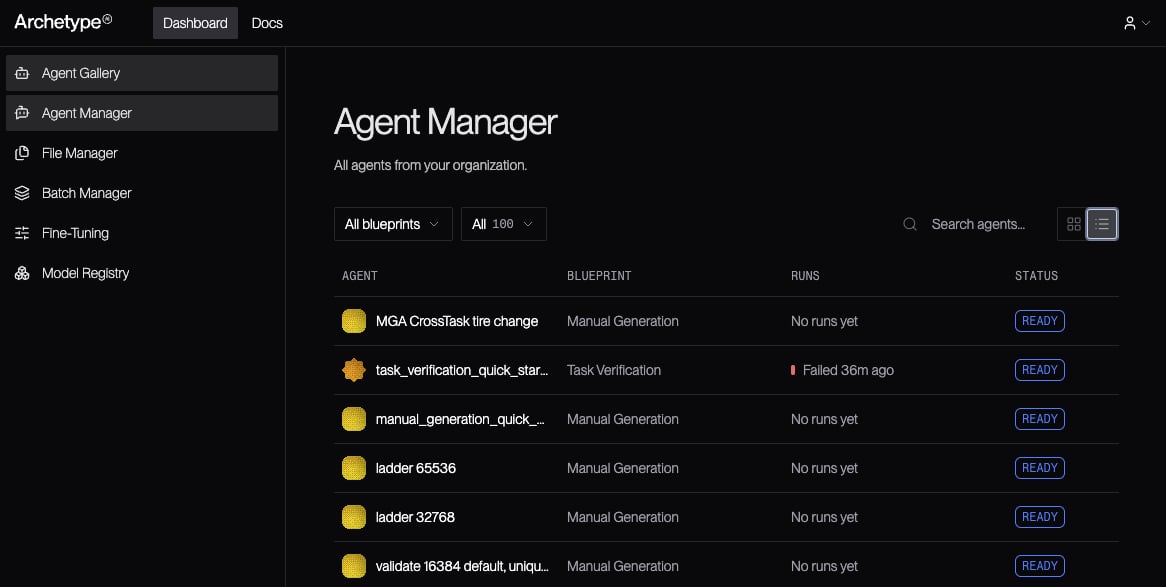 The Agent Manager list view