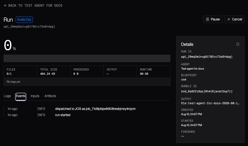 Run details page for an ongoing agent run