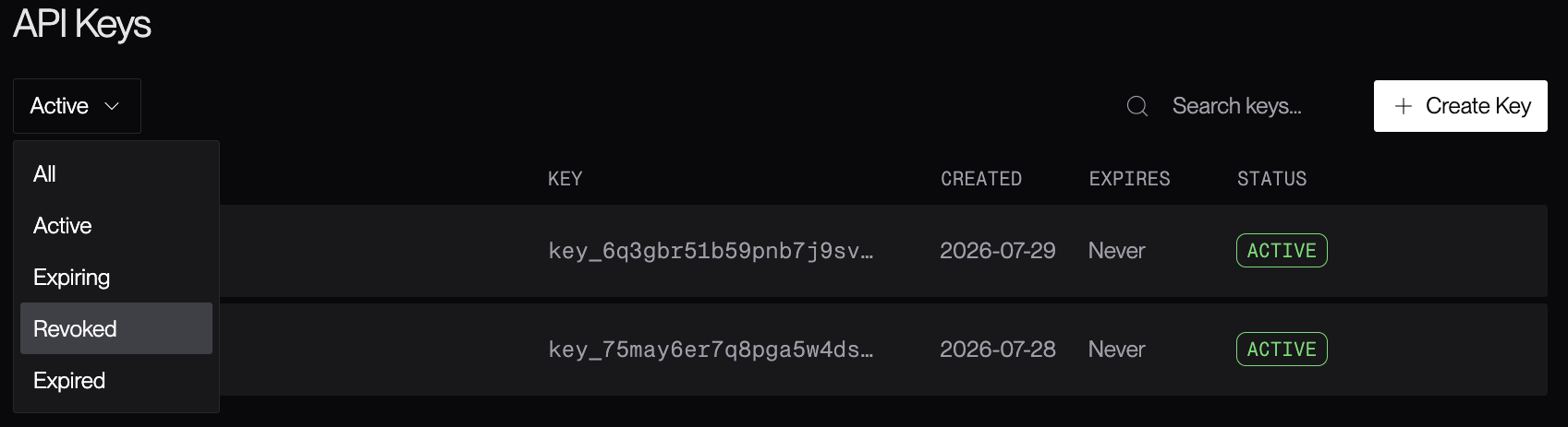 Filtering to show only Revoked API
Keys