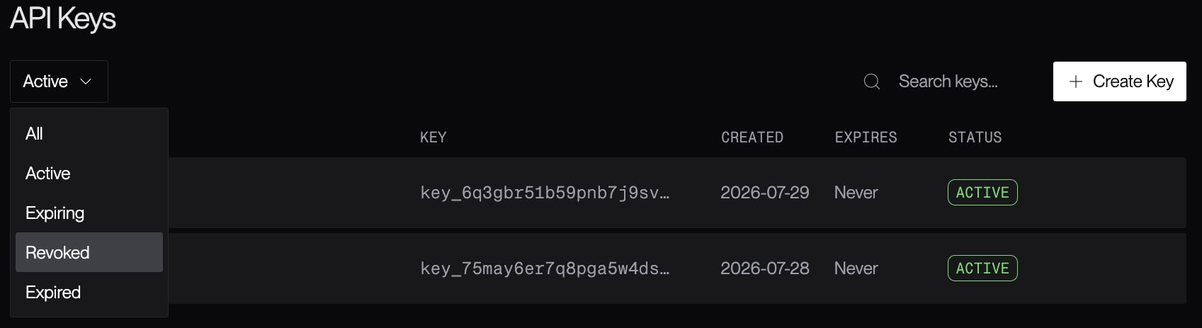 Filtering to show only Revoked API
Keys