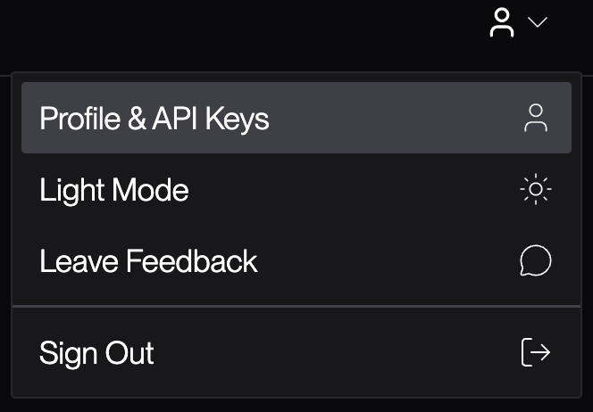 User menu with Profile & API Keys option
highlighted