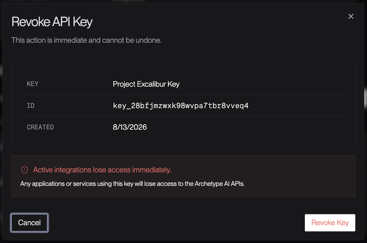 The Revoke API Key modal
