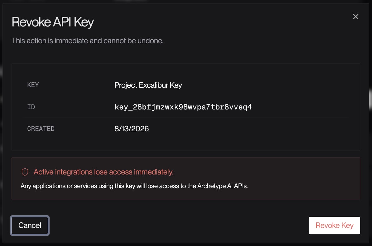 The Revoke API Key modal