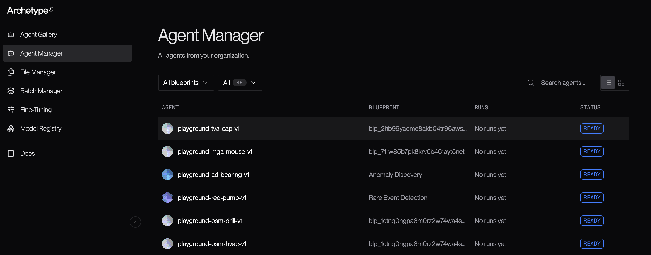 The Agent Manager list view