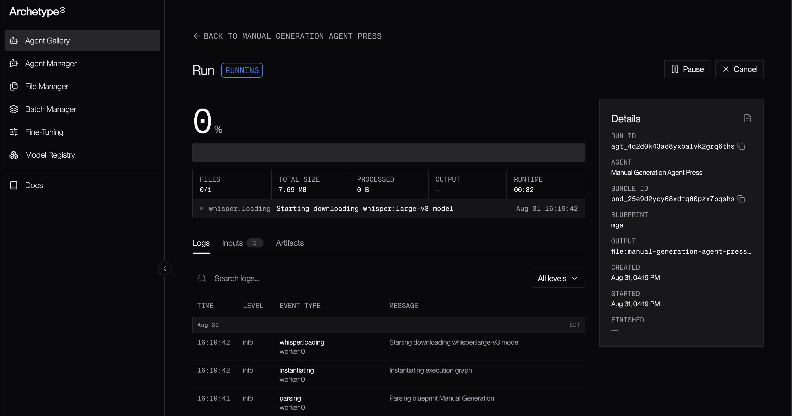 Run details page for an ongoing agent run