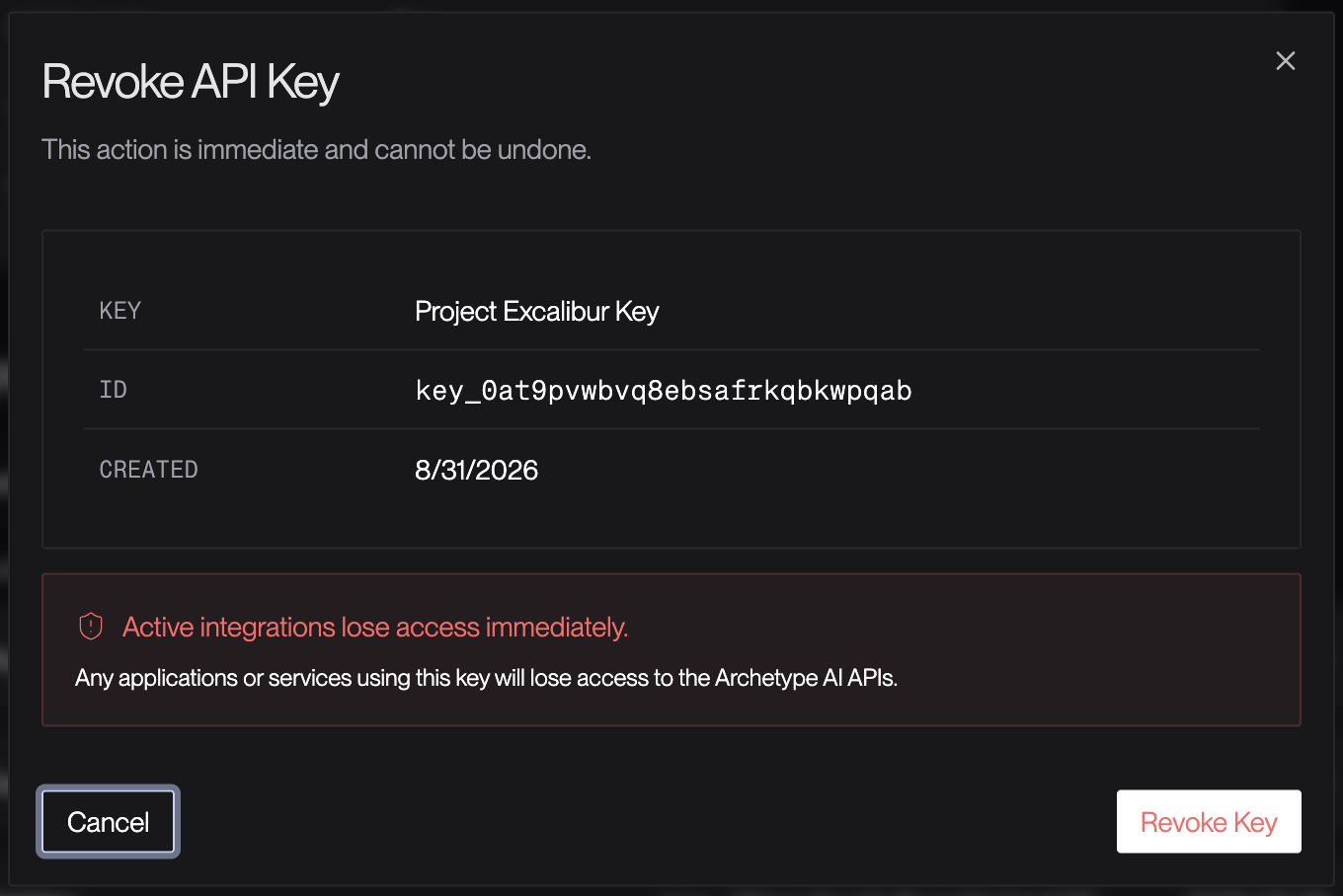 The Revoke API Key modal