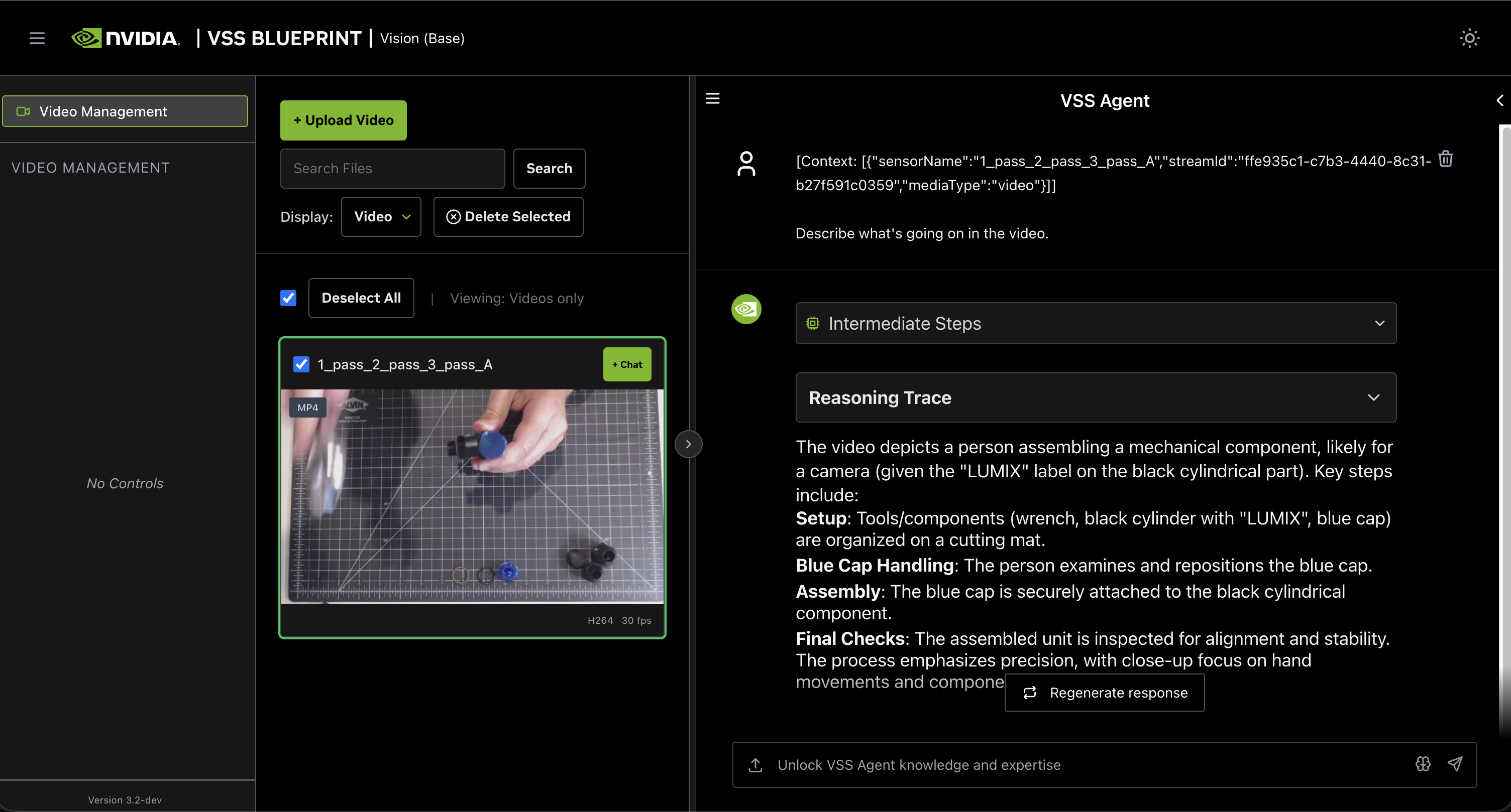 The VSS web UI on a DGX Spark: an assembly video on the left, and the VSS Agent's description of it on the right, produced by Newton Fusion