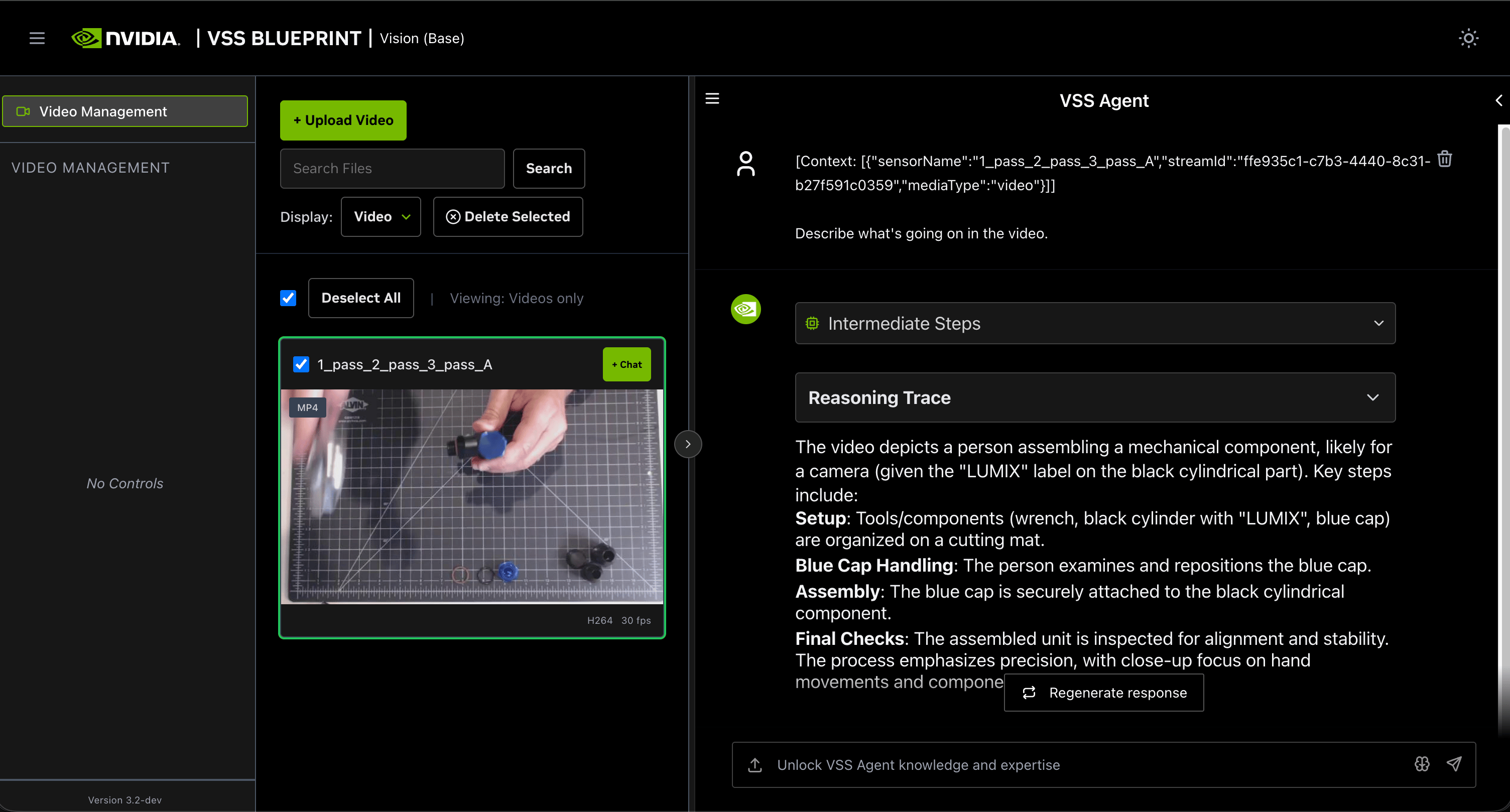 The VSS web UI on a DGX Spark: an assembly video on the left, and the VSS Agent's description of it on the right, produced by Newton Fusion