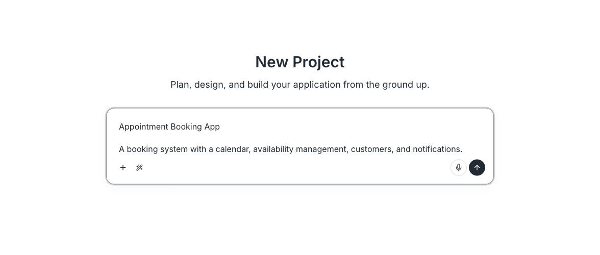 New project input with an example idea filled in