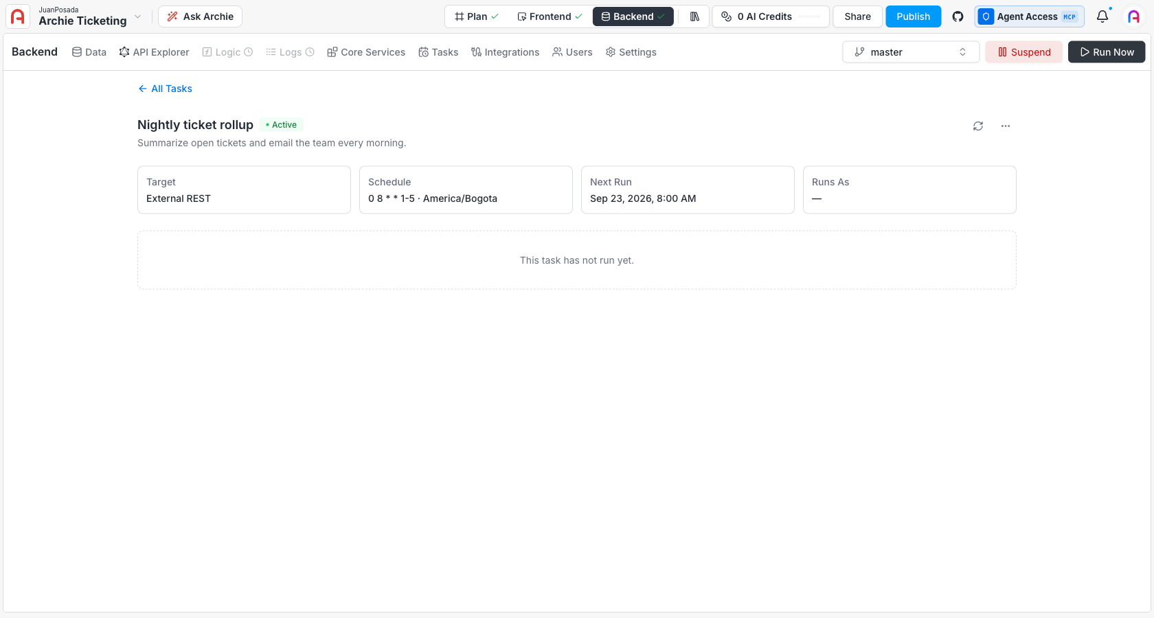 Task detail view showing Target, Schedule, Next Run, and Runs As, with Suspend and Run Now in the header
