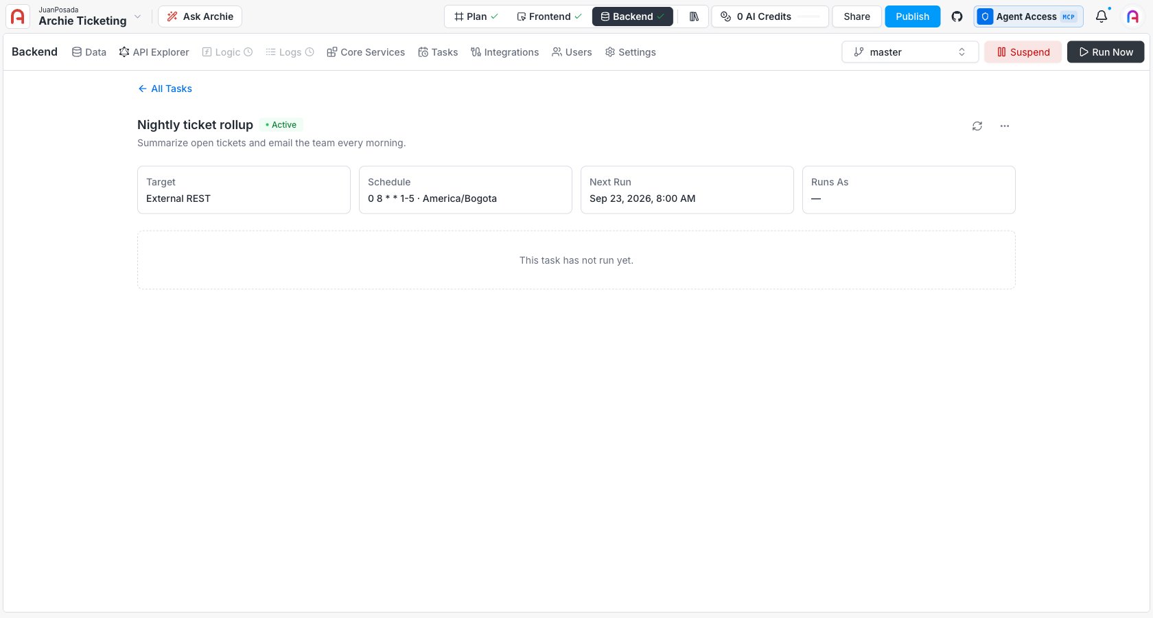 Task detail view showing Target, Schedule, Next Run, and Runs As, with Suspend and Run Now in the header