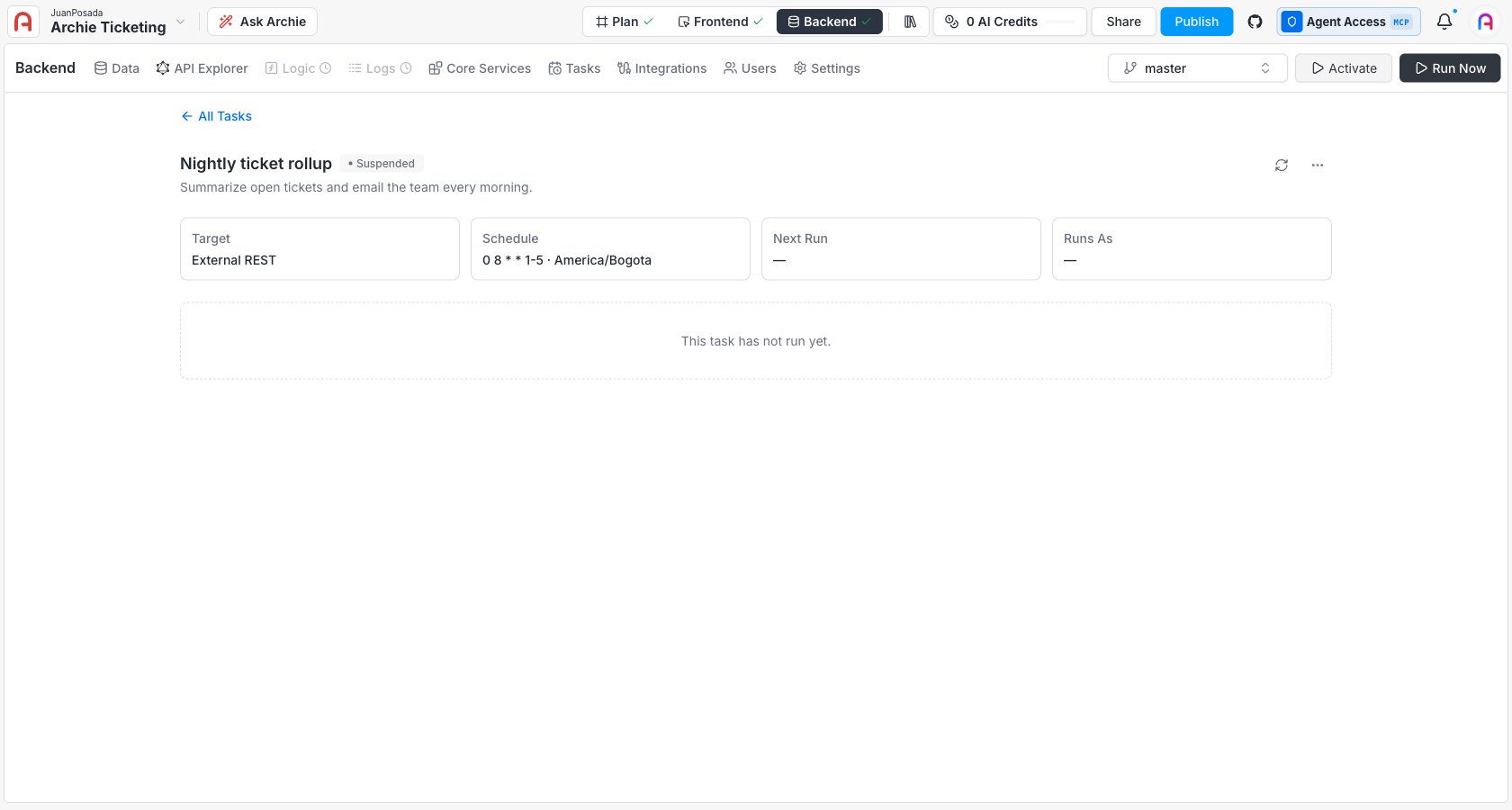 A task after clicking Suspend: status is Suspended and the header action becomes Activate