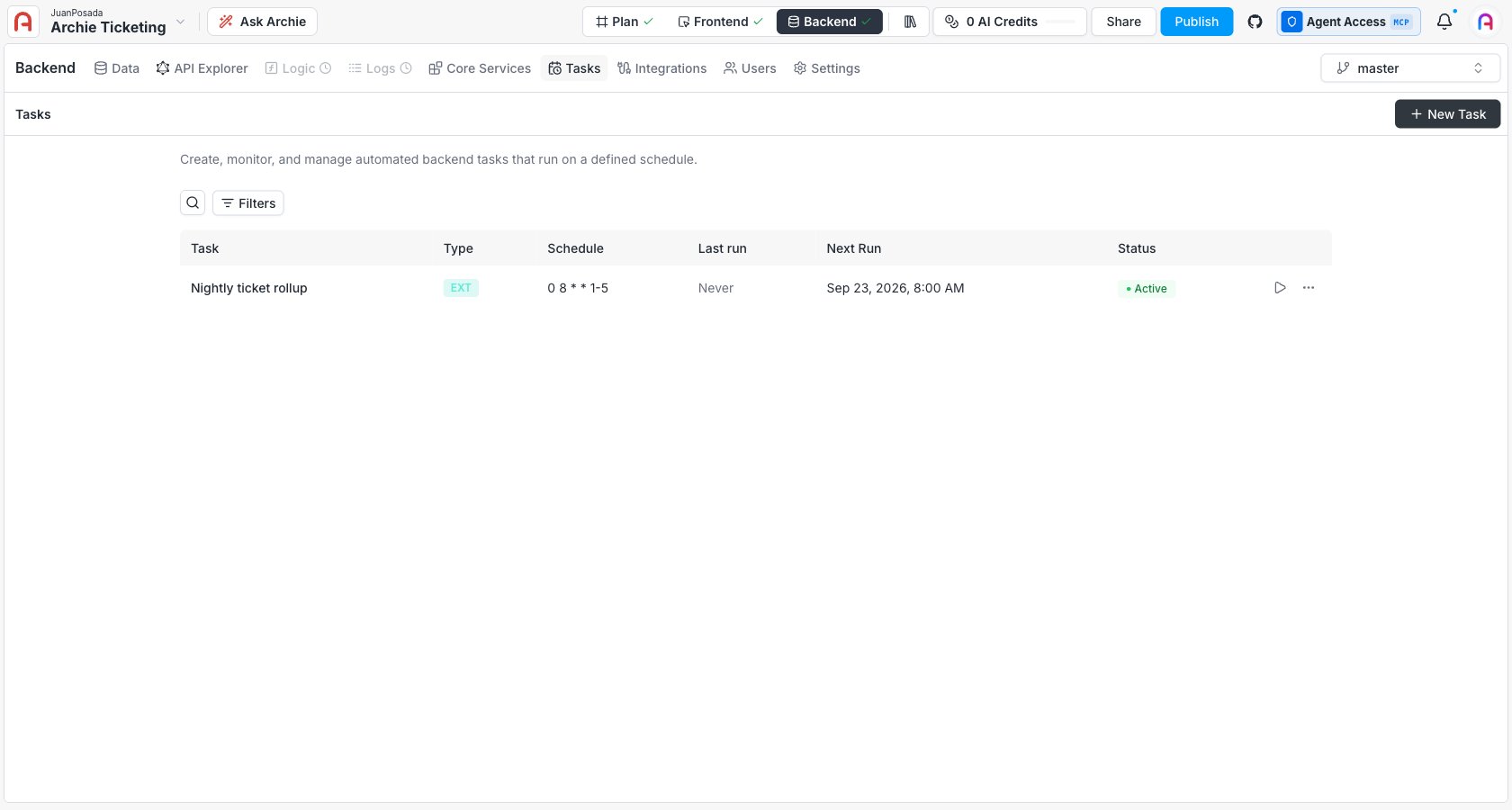 Tasks list showing a newly created Active task with its type, schedule, and next run