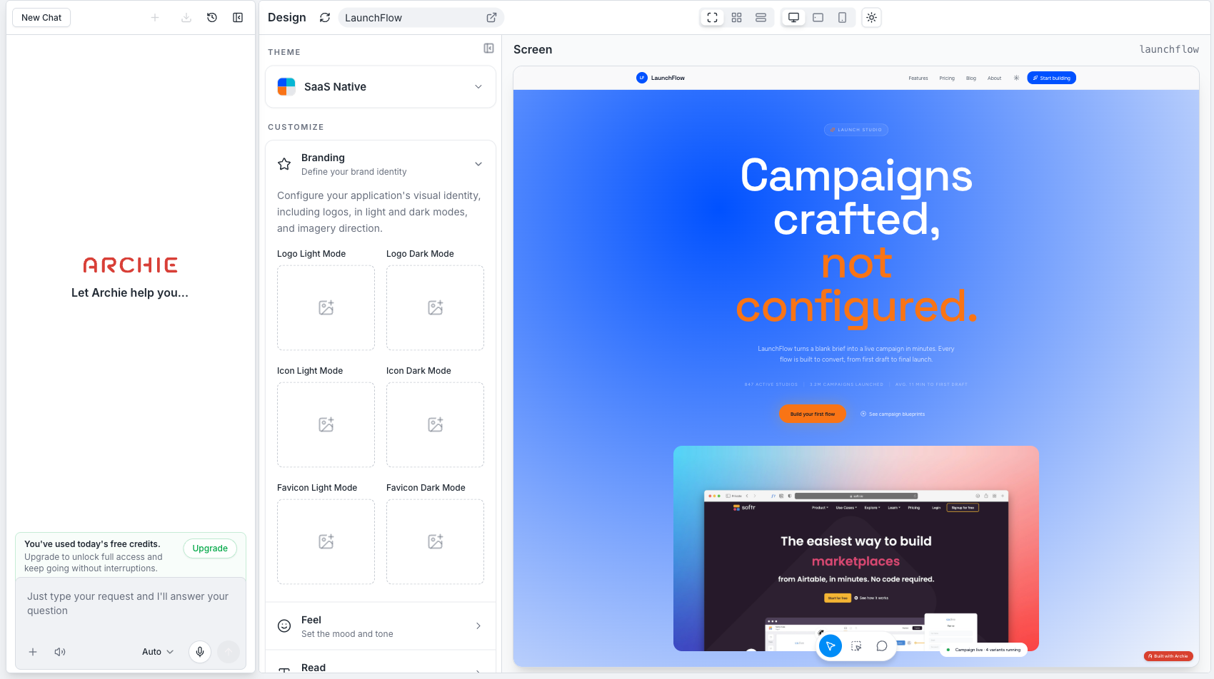 Branding panel with Logo, Icon, and Favicon upload slots for light and dark mode