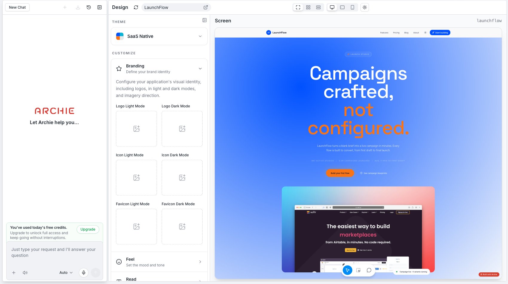 Branding panel with Logo, Icon, and Favicon upload slots for light and dark mode