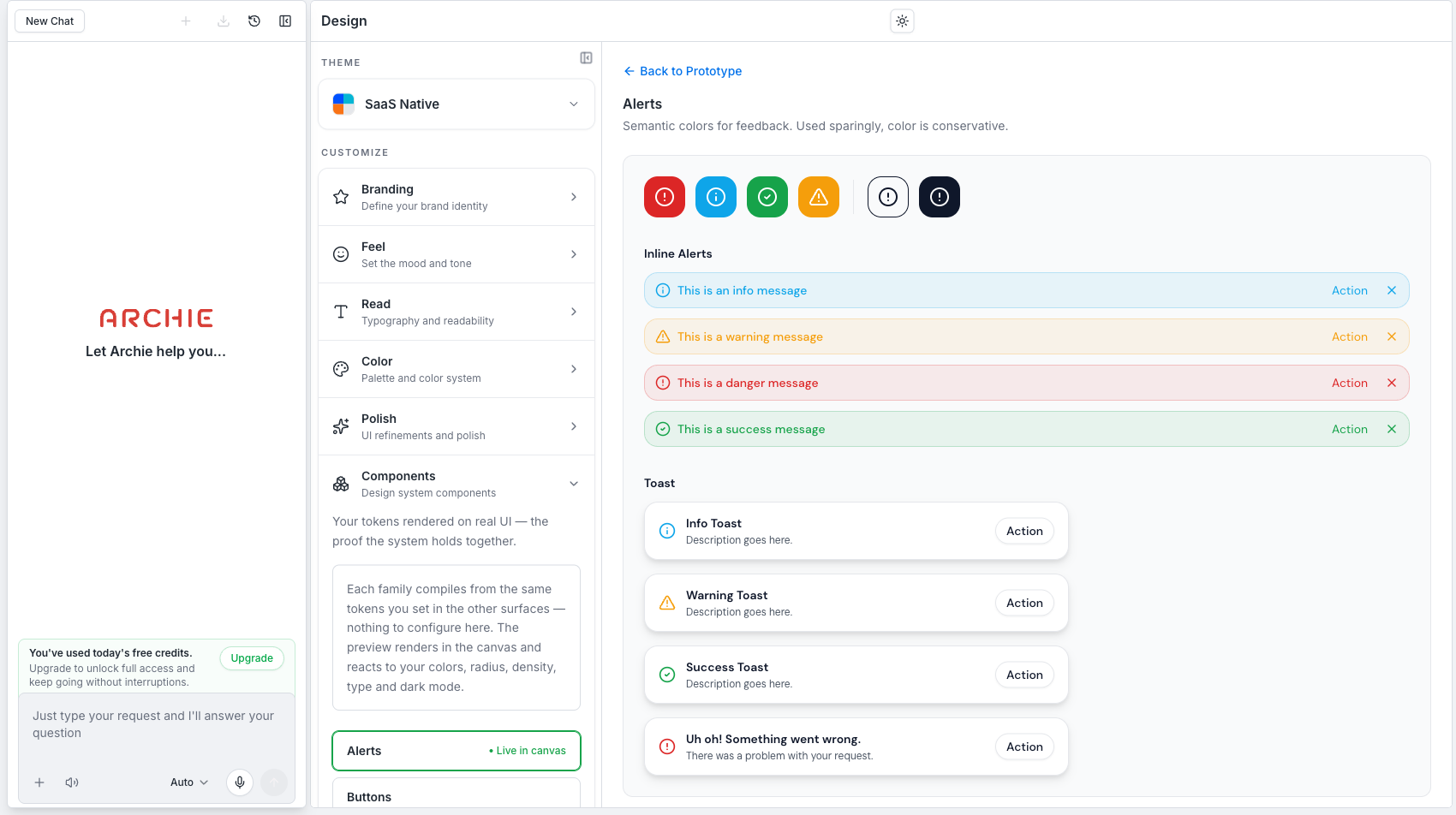 Components gallery showing the Alerts family — inline alerts and toasts rendered with the current design values