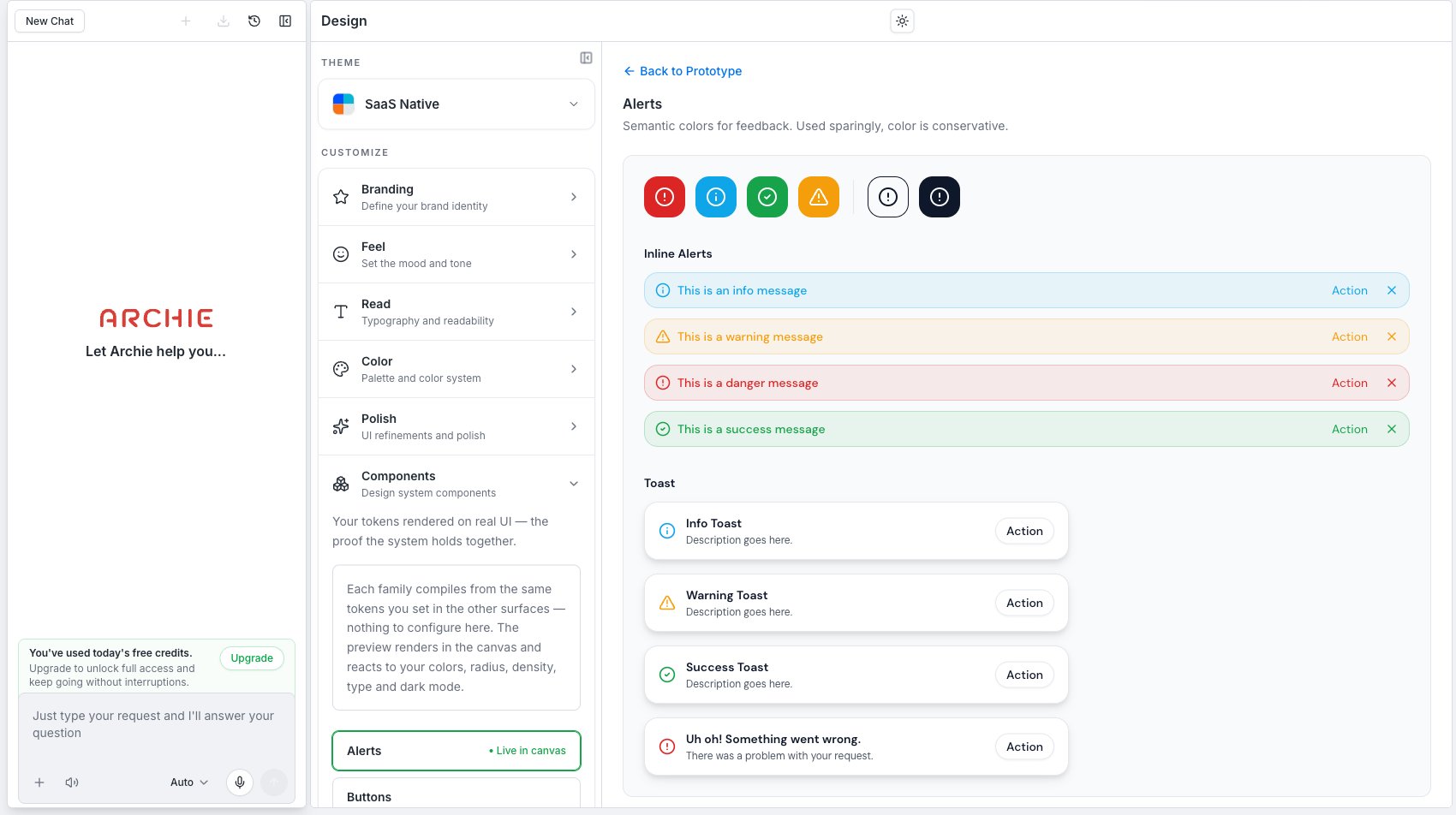 Components gallery showing the Alerts family — inline alerts and toasts rendered with the current design values