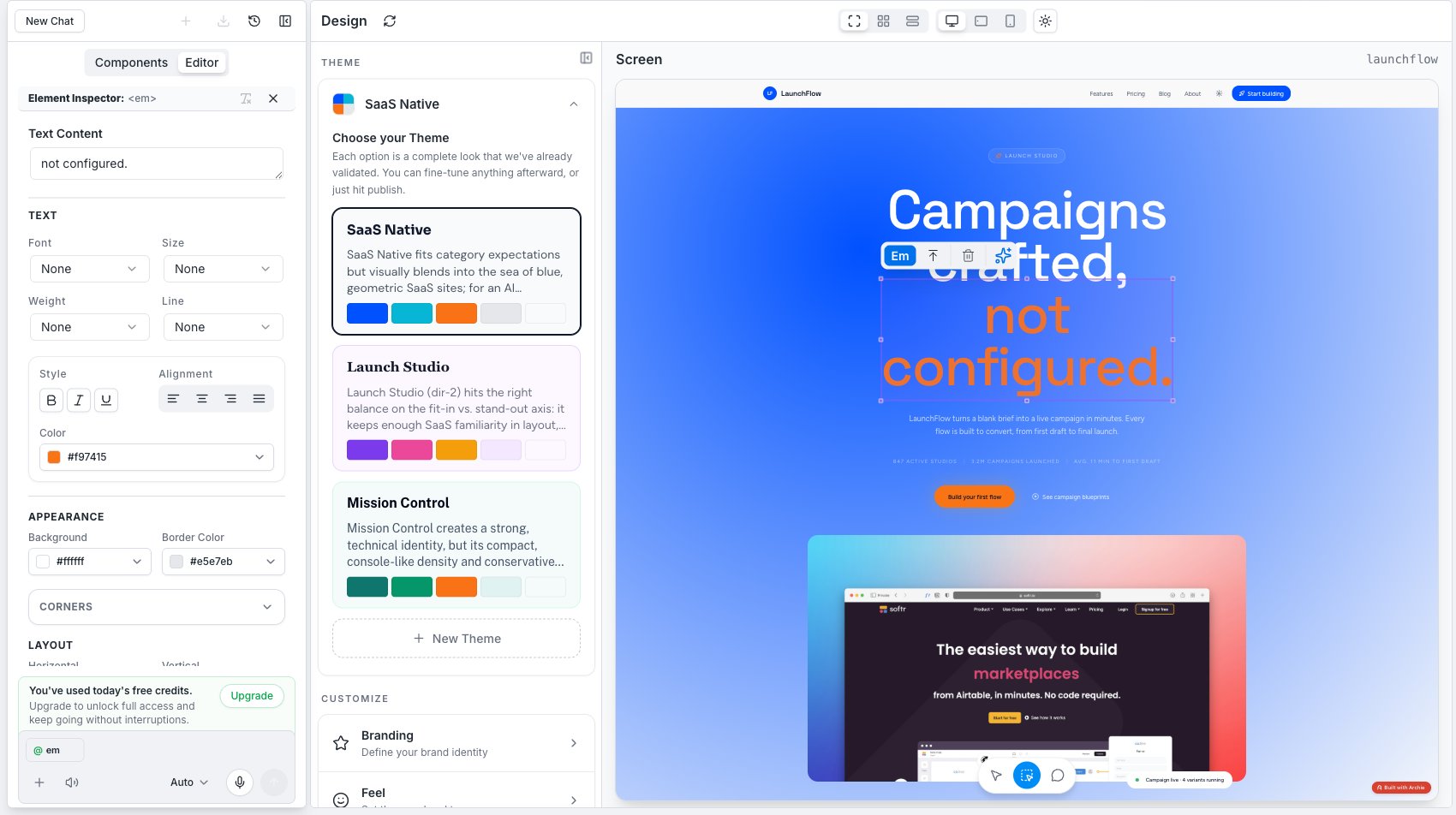 Element Inspector open for a selected heading, showing text content, color, appearance, and layout controls