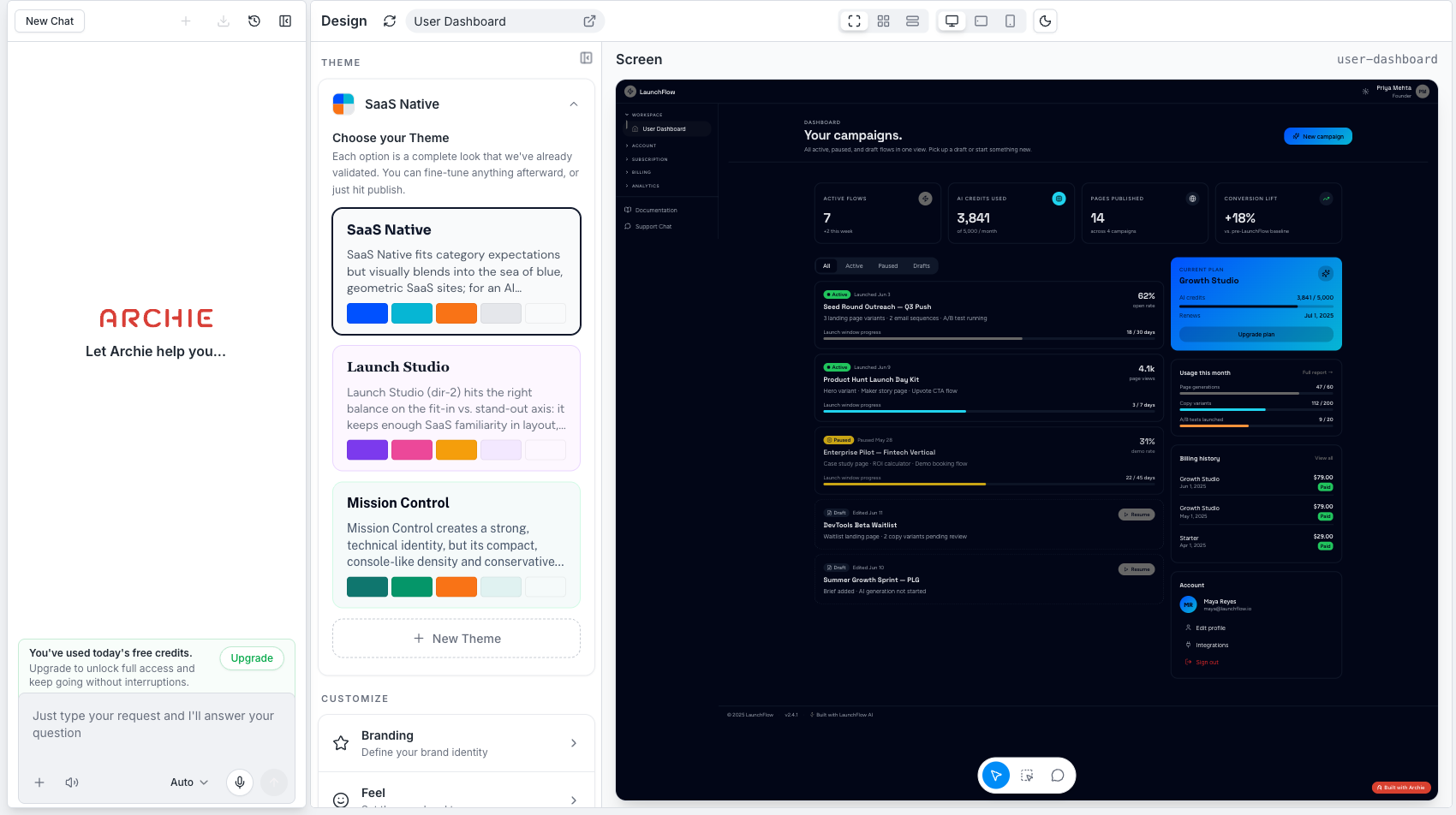 Screen view of the User Dashboard with the dark mode preview toggled on