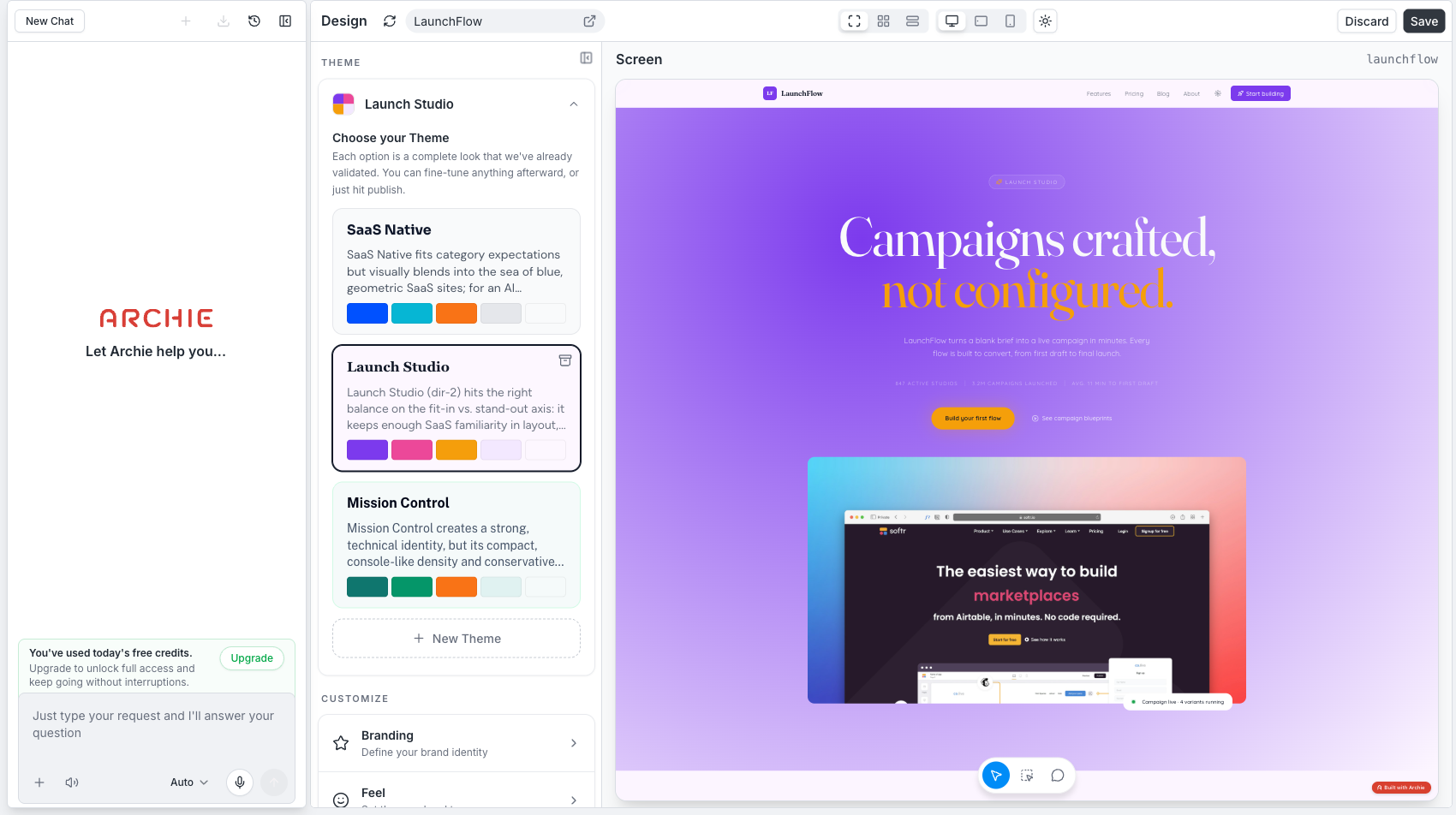 A different theme selected — Launch Studio's violet palette and editorial serif heading replace the previous theme across the same screen