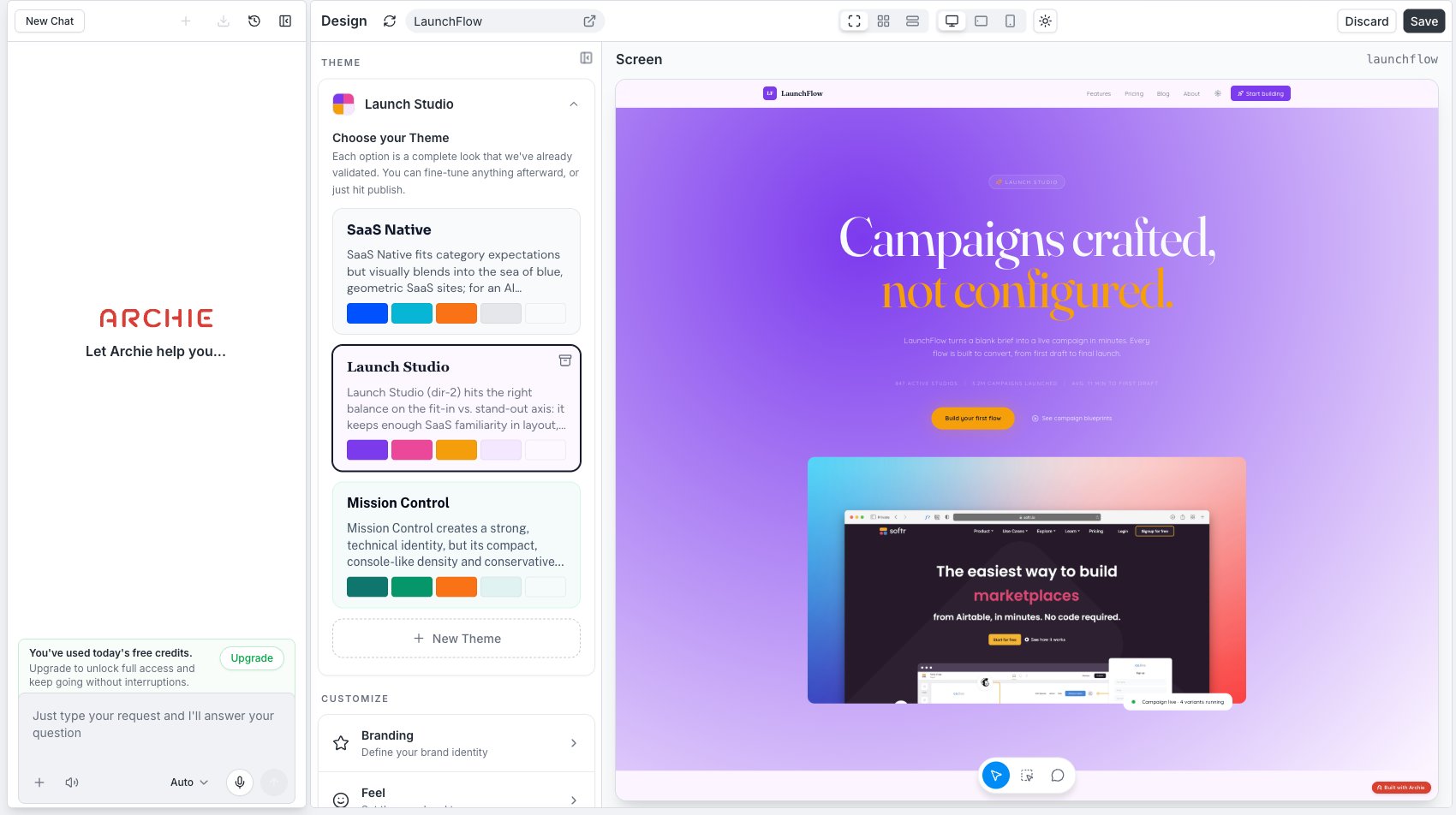 A different theme selected — Launch Studio's violet palette and editorial serif heading replace the previous theme across the same screen