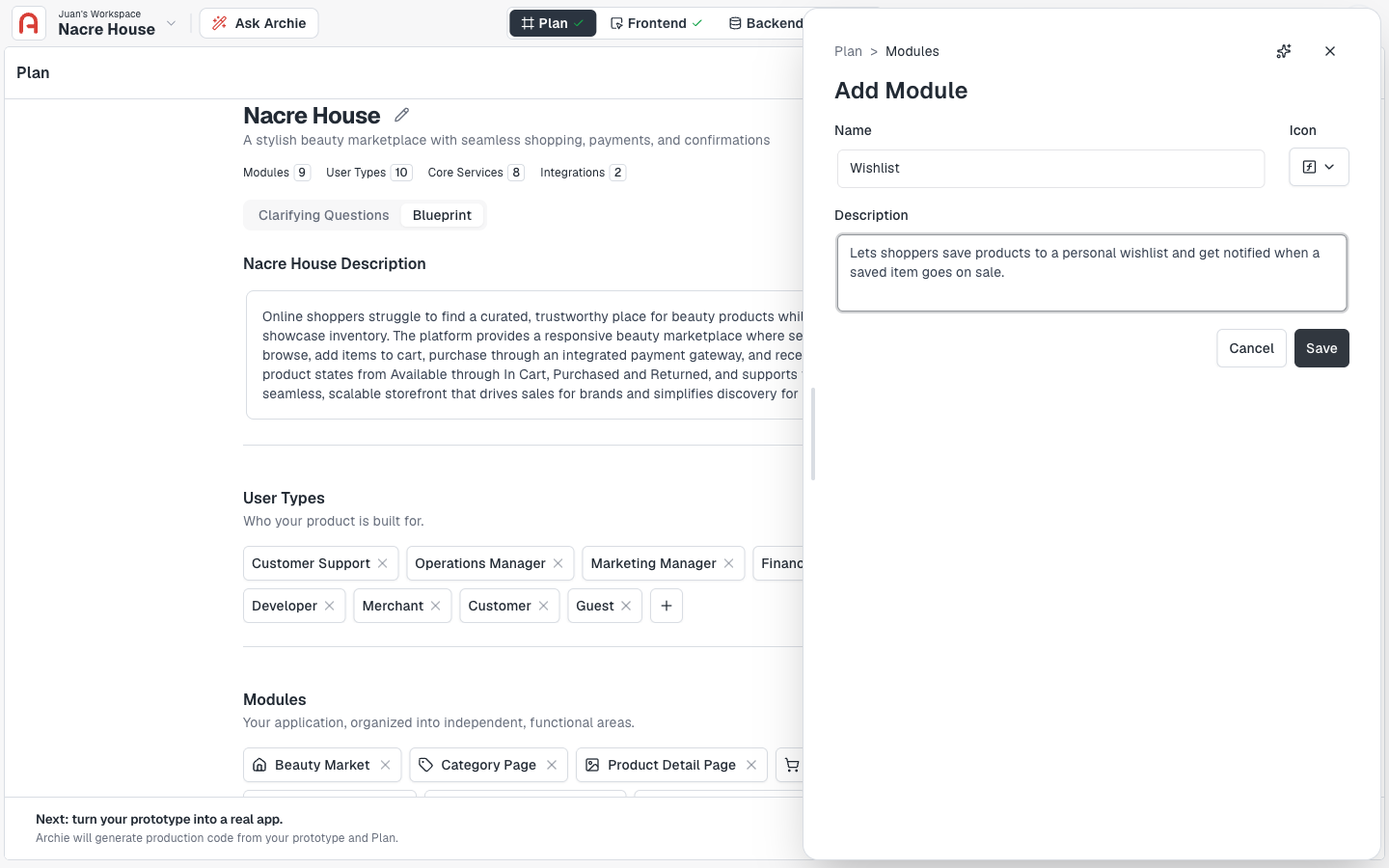 Add module form with name, icon, and description