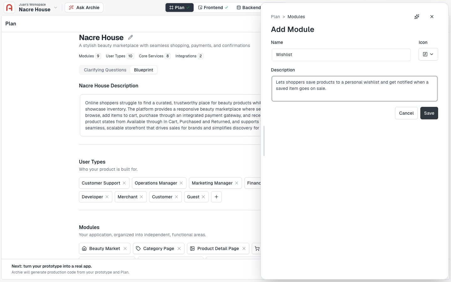 Add module form with name, icon, and description