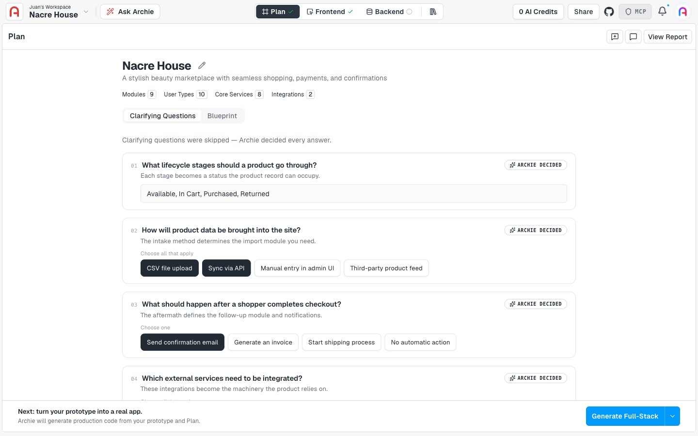Clarifying Questions view showing Archie's assumptions for skipped questions