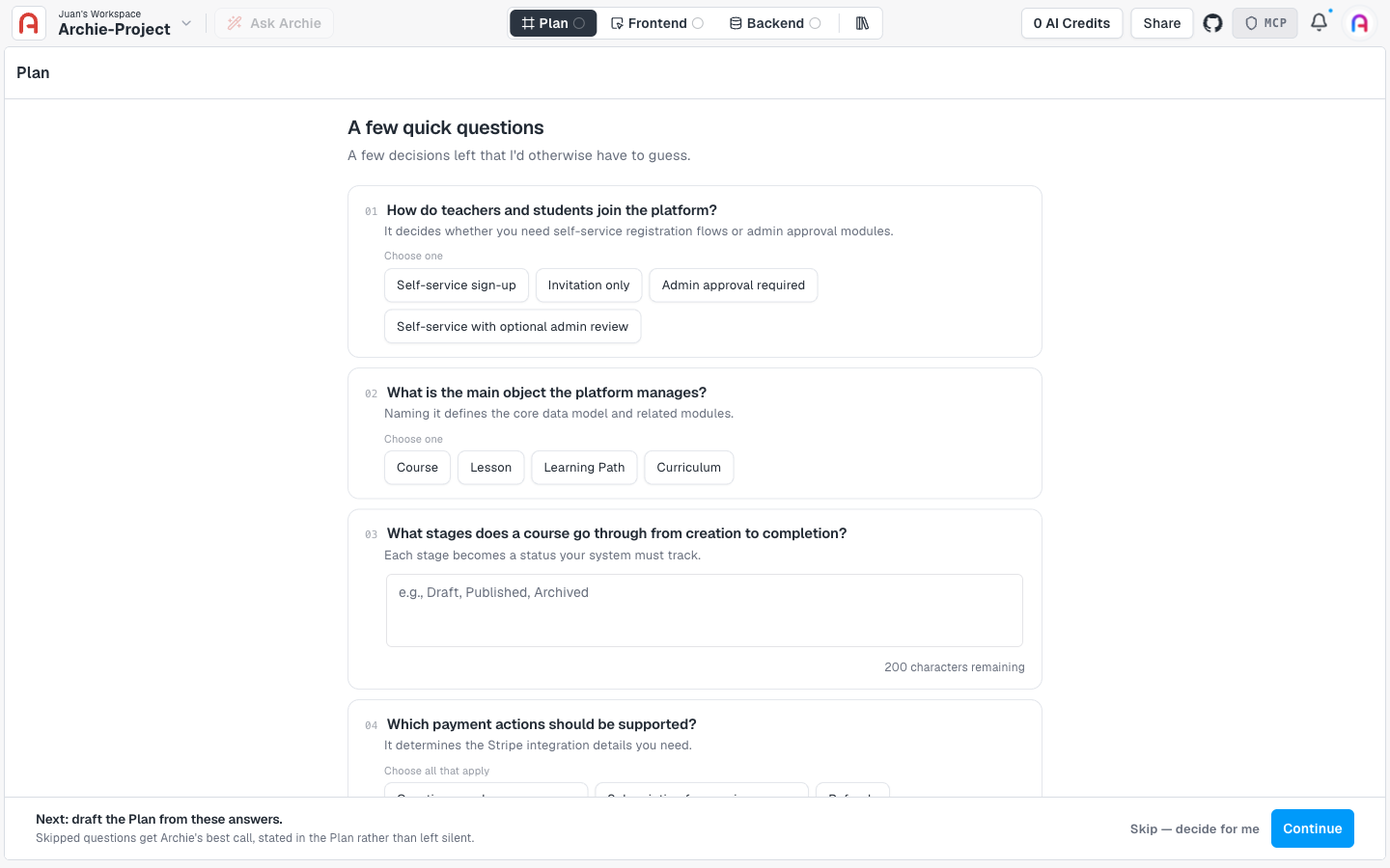 A few quick questions screen with single-choice, multi-select, and free-text questions