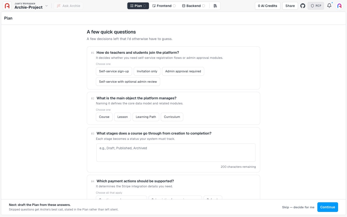 A few quick questions screen with single-choice, multi-select, and free-text questions