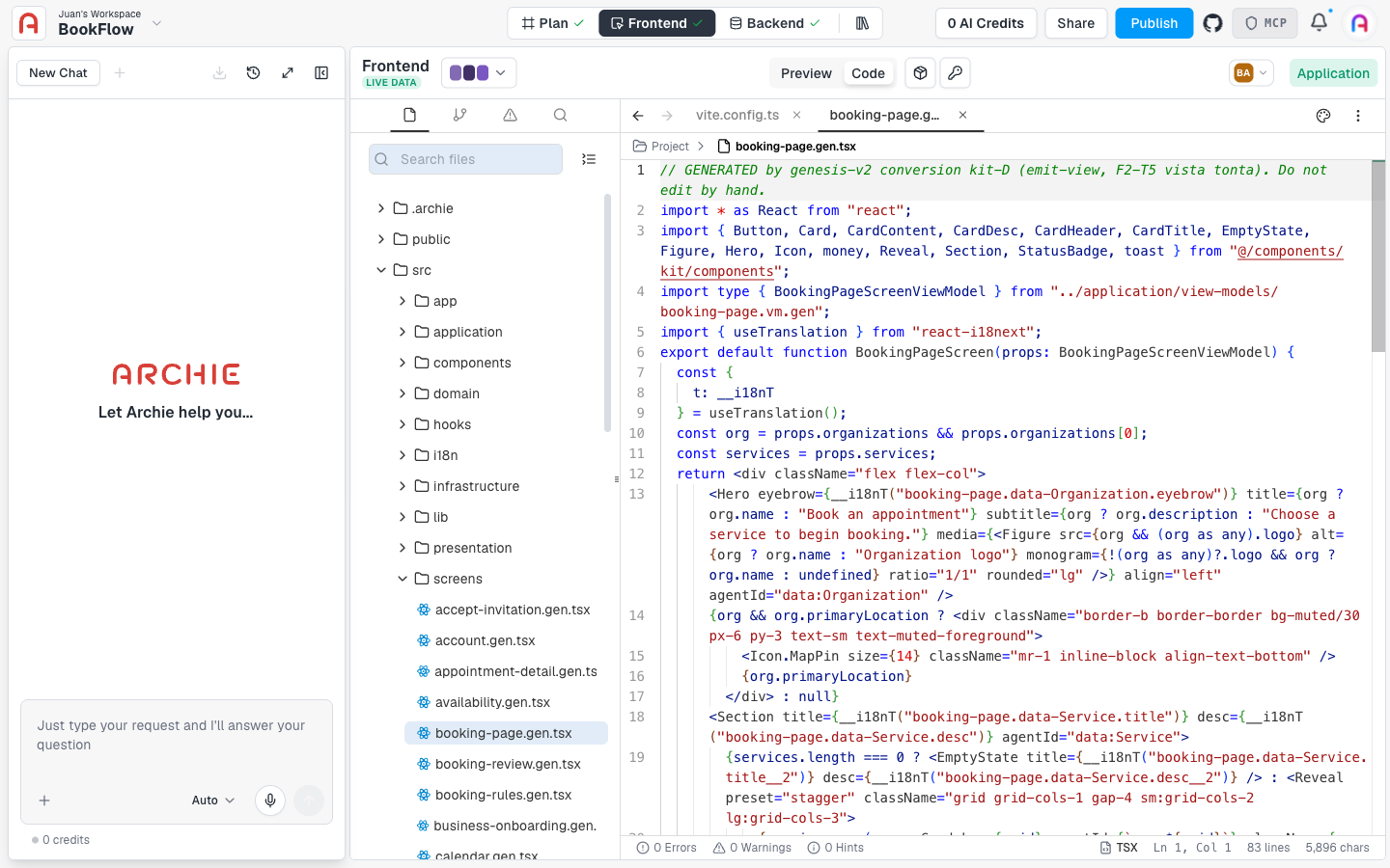 Code editor open on a generated page file, with the file tree, tabs, and Monaco editor