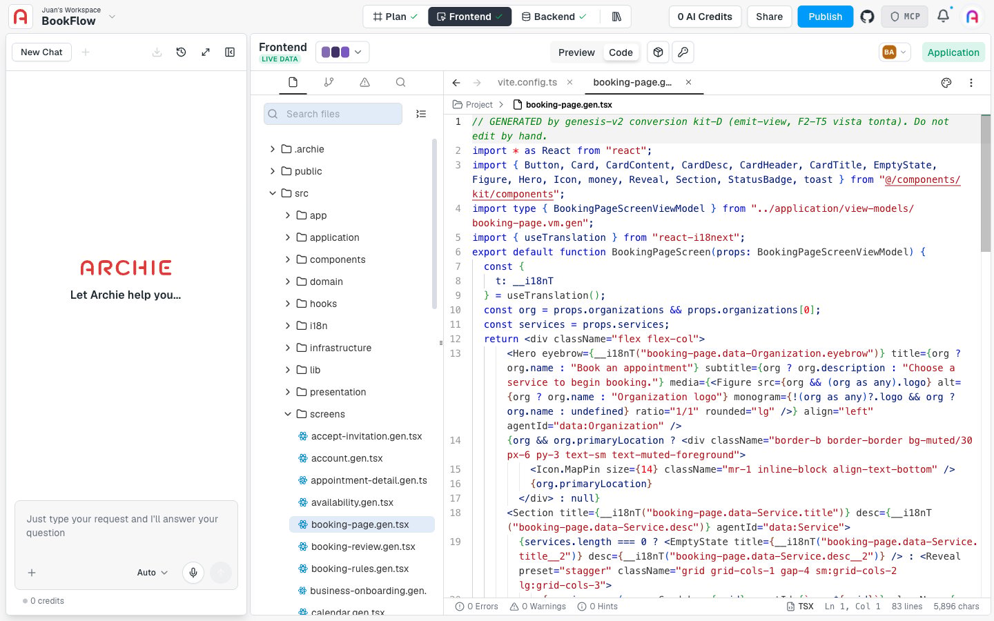Code editor open on a generated page file, with the file tree, tabs, and Monaco editor