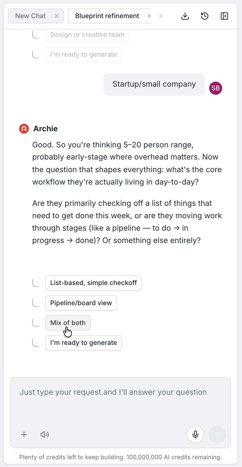 Plan refinement with clarifying questions and multiple-choice options