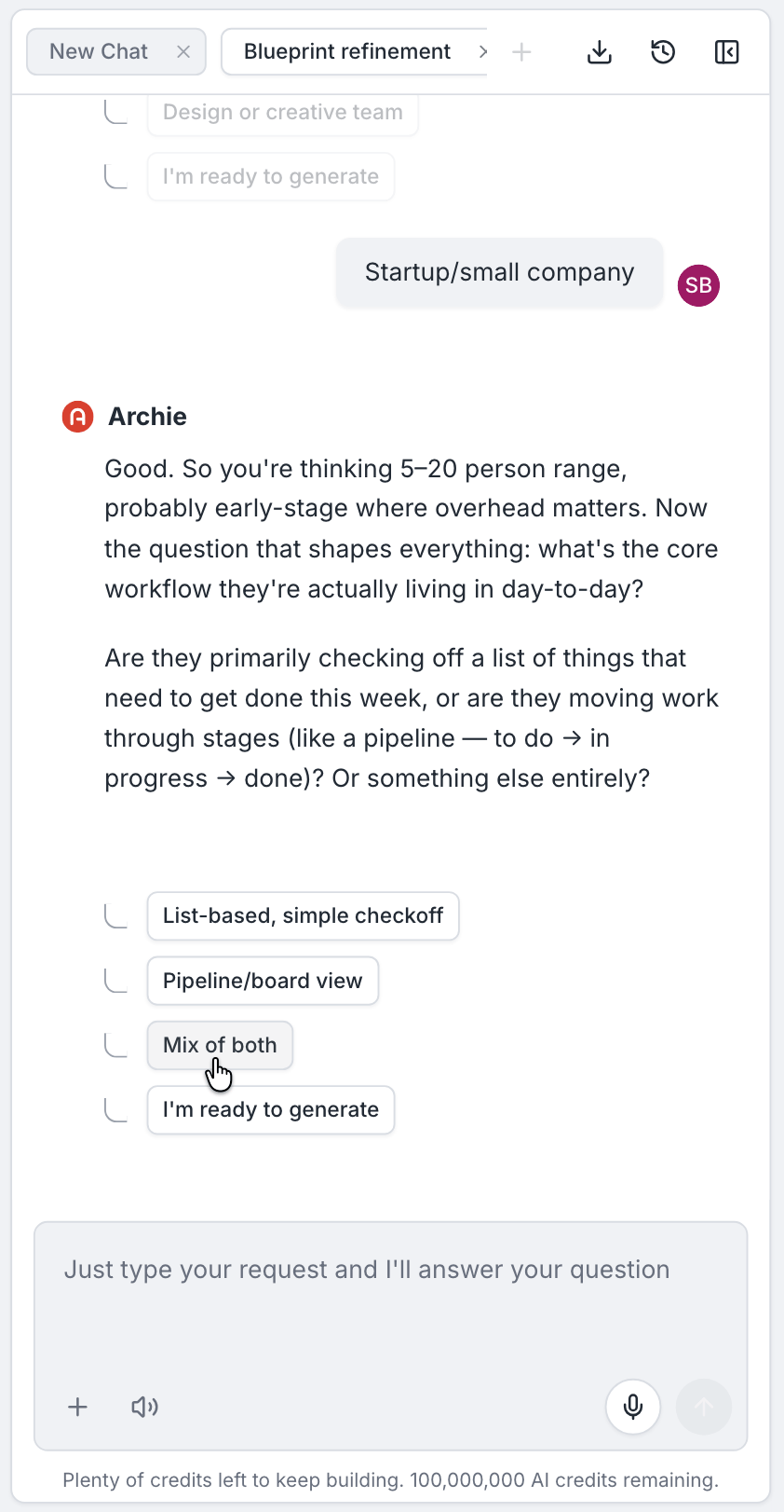Plan refinement with clarifying questions and multiple-choice options