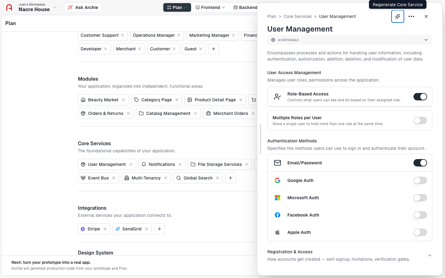 Core services management panel