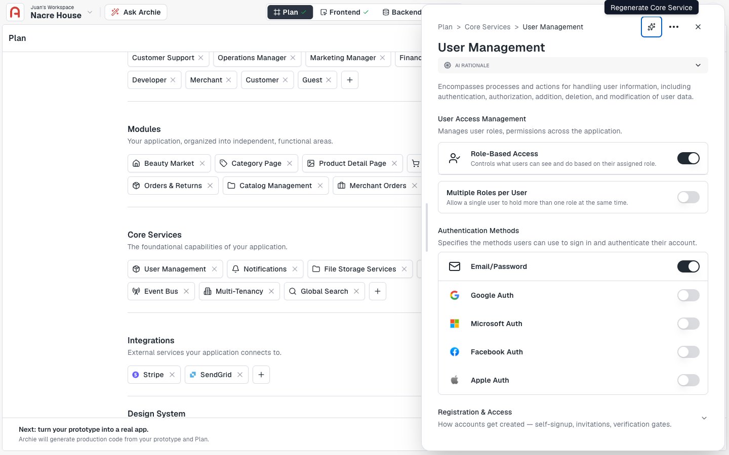 Core services management panel