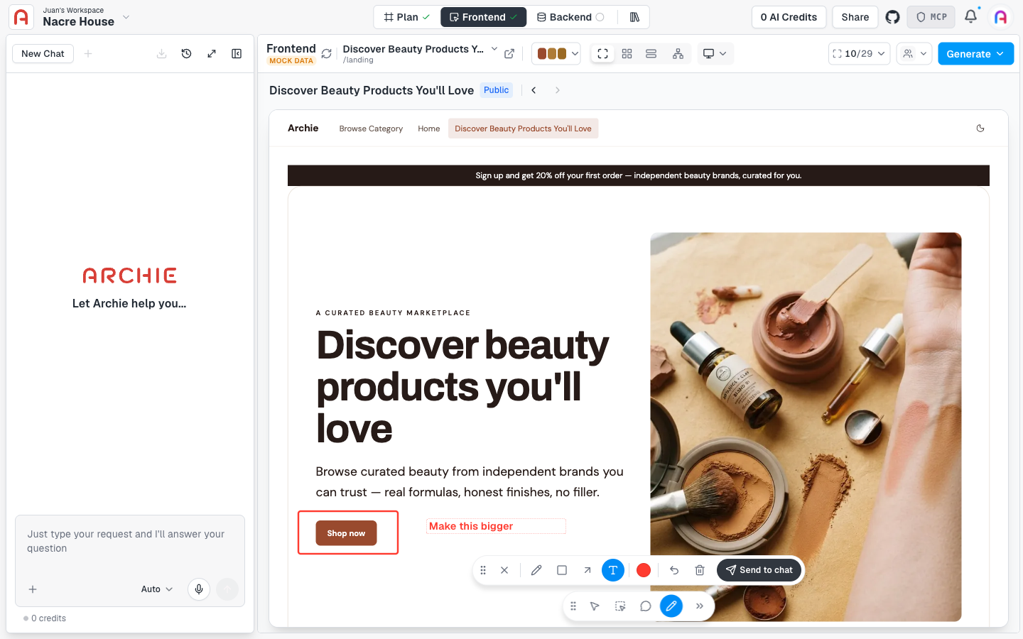 Draw mode active: a rectangle around a button and a text annotation reading "Make this bigger"