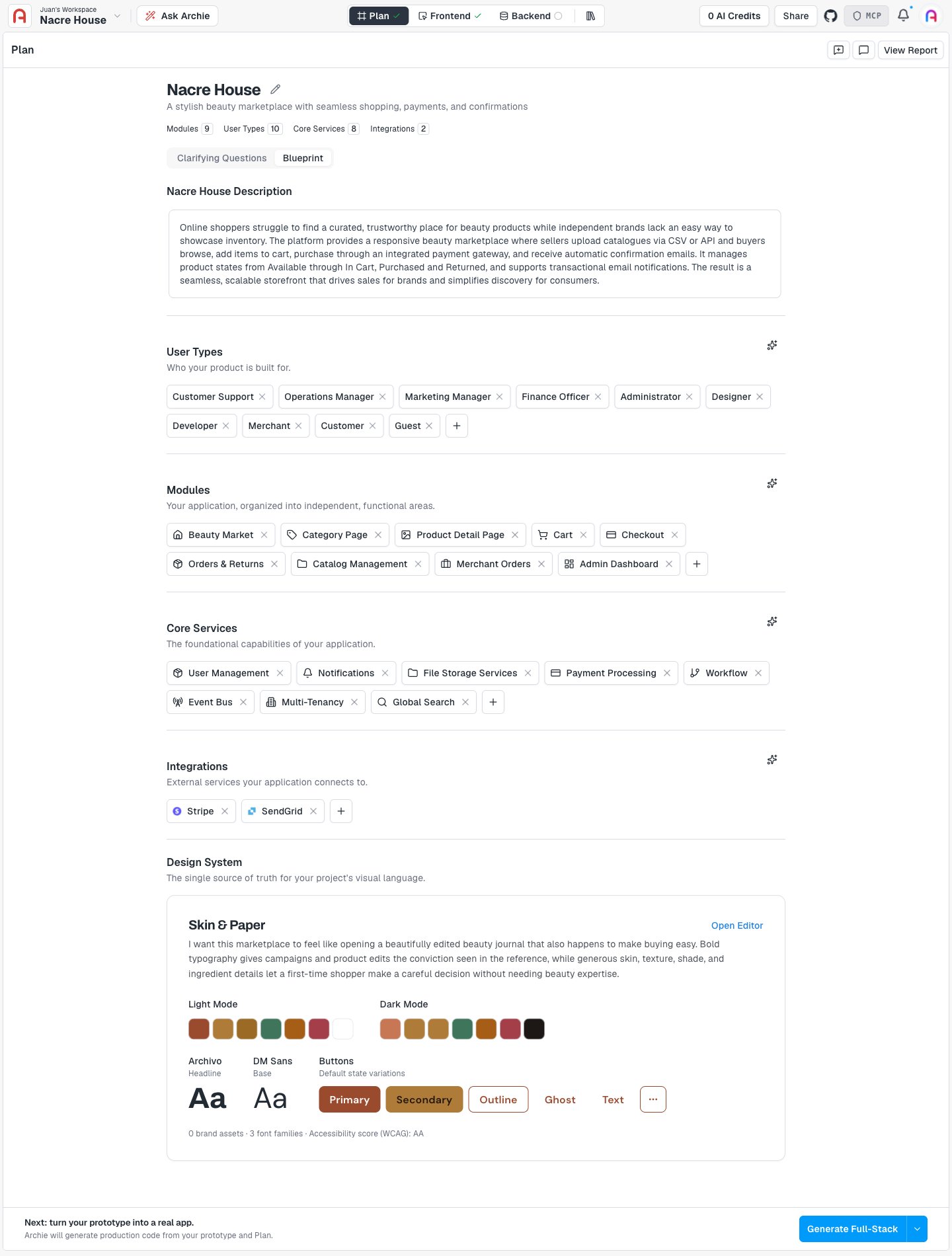 Plan page with all sections and the Generate menu