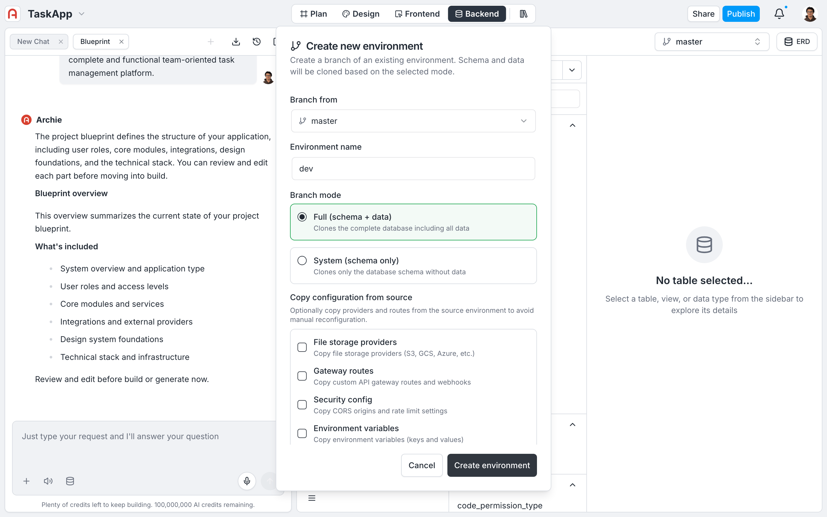 Create new environment modal with branch mode and copy options