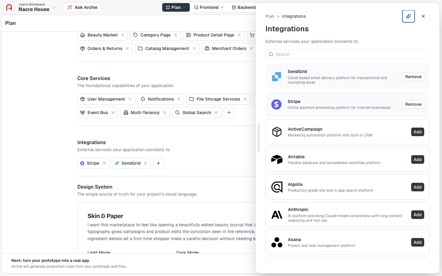Integrations panel showing added integrations with Remove, and available integrations to Add