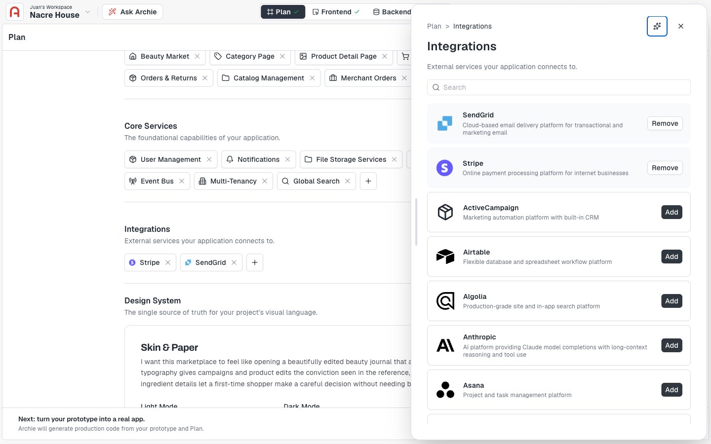 Integrations panel showing added integrations with Remove, and available integrations to Add
