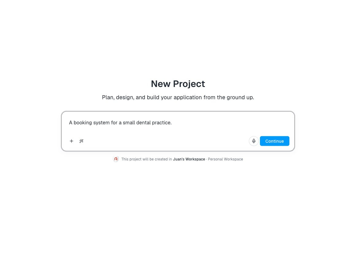 New project input with an example idea filled in