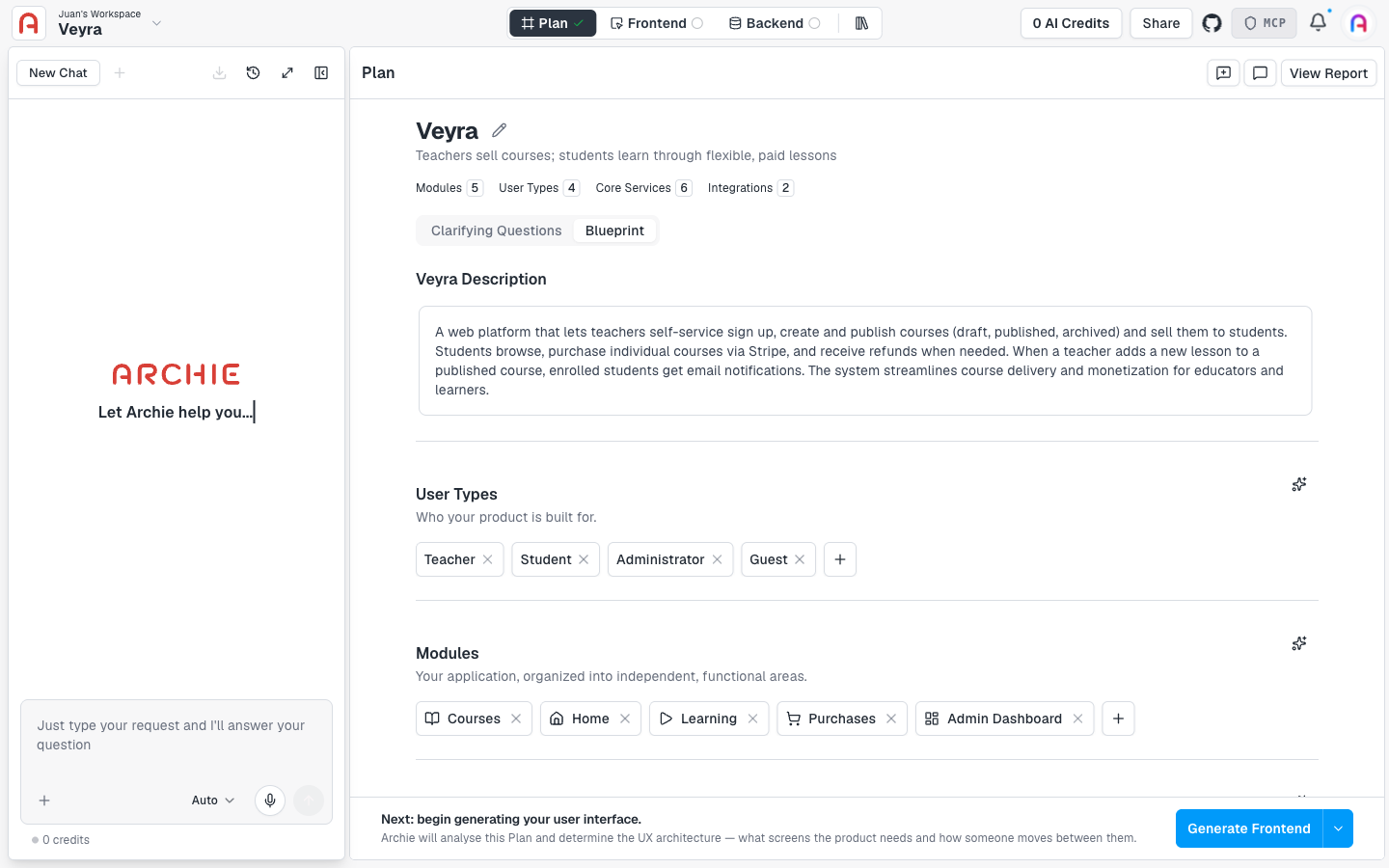 Plan page ready to generate, with the Generate Frontend action in the bottom bar