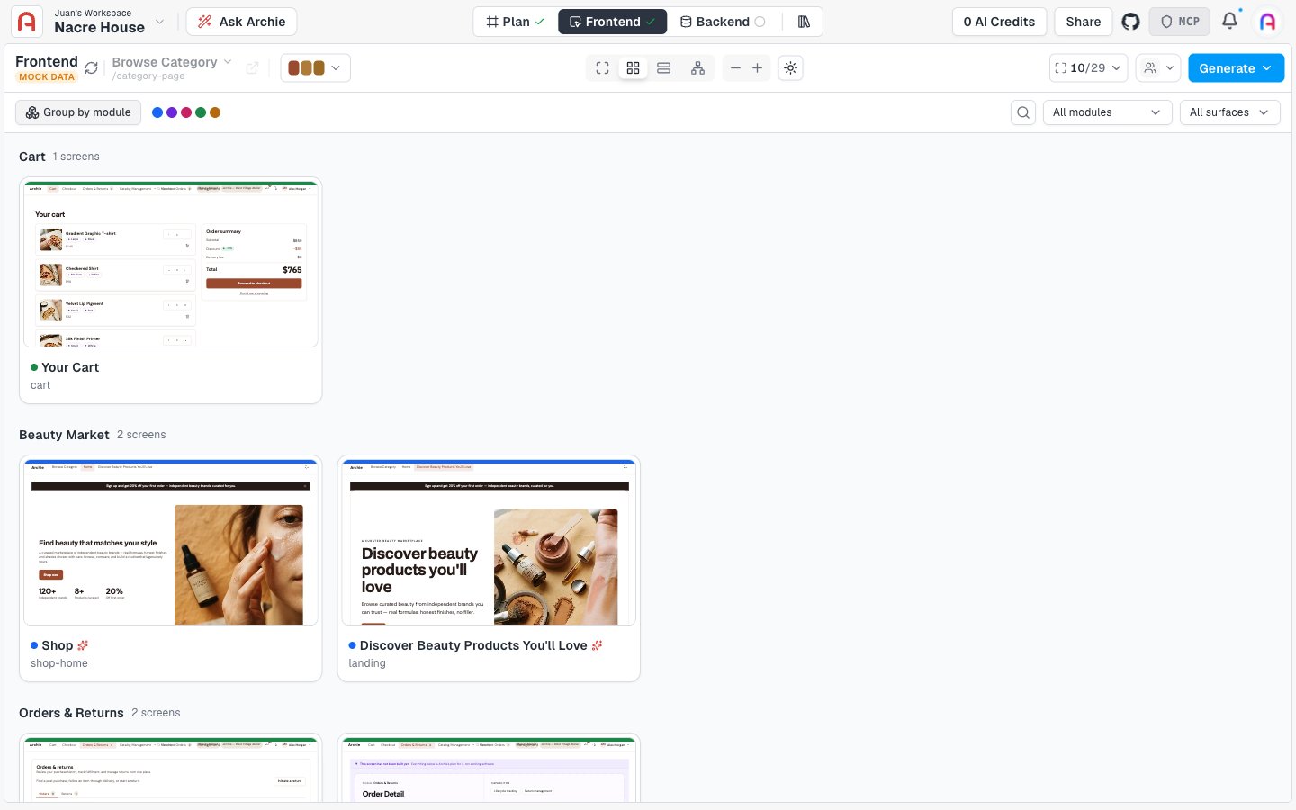 Generated prototype screens grouped by module in Grid view