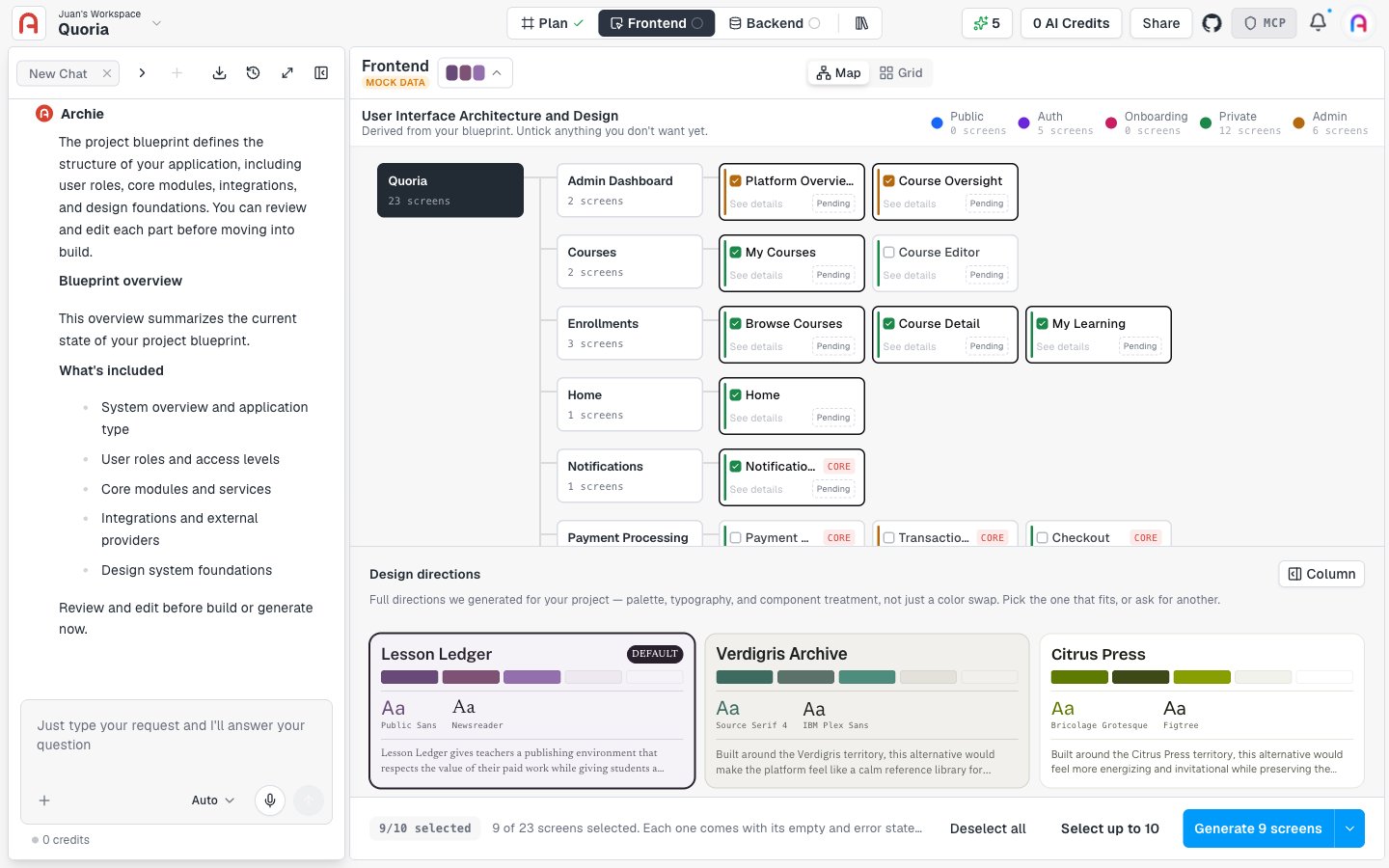 Custom screen selection: 9 of 23 screens selected instead of the full default, with the Generate button updating to match
