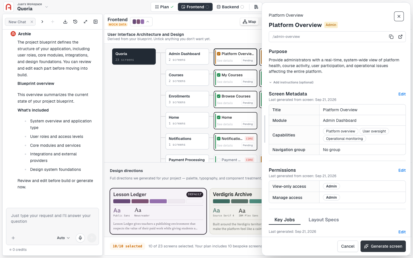 Screen detail panel showing purpose, permissions, and Key Jobs for a pending screen