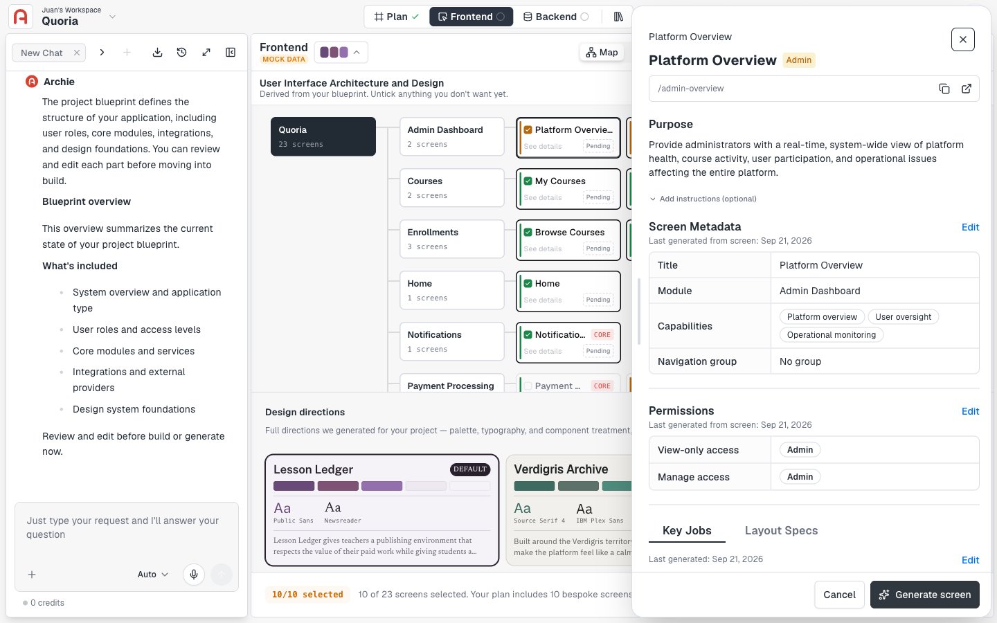 Screen detail panel showing purpose, permissions, and Key Jobs for a pending screen